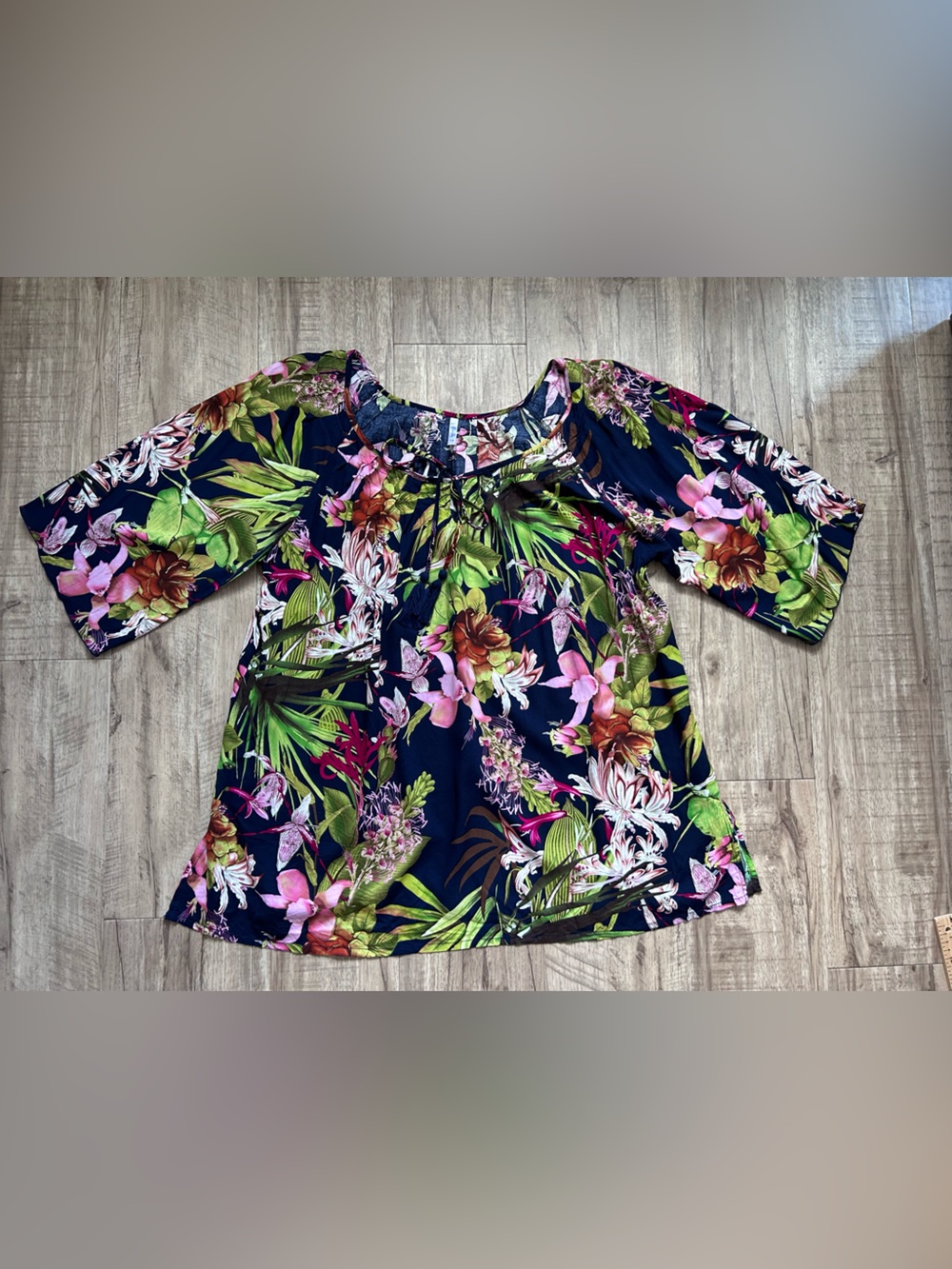 Floral botanical print Navy Women’s tunic Top summer tropical comfort fair trade